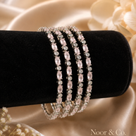 Silver Pink Crystal Bangle Set | 4-Piece Stackable CZ Bangles 2.8