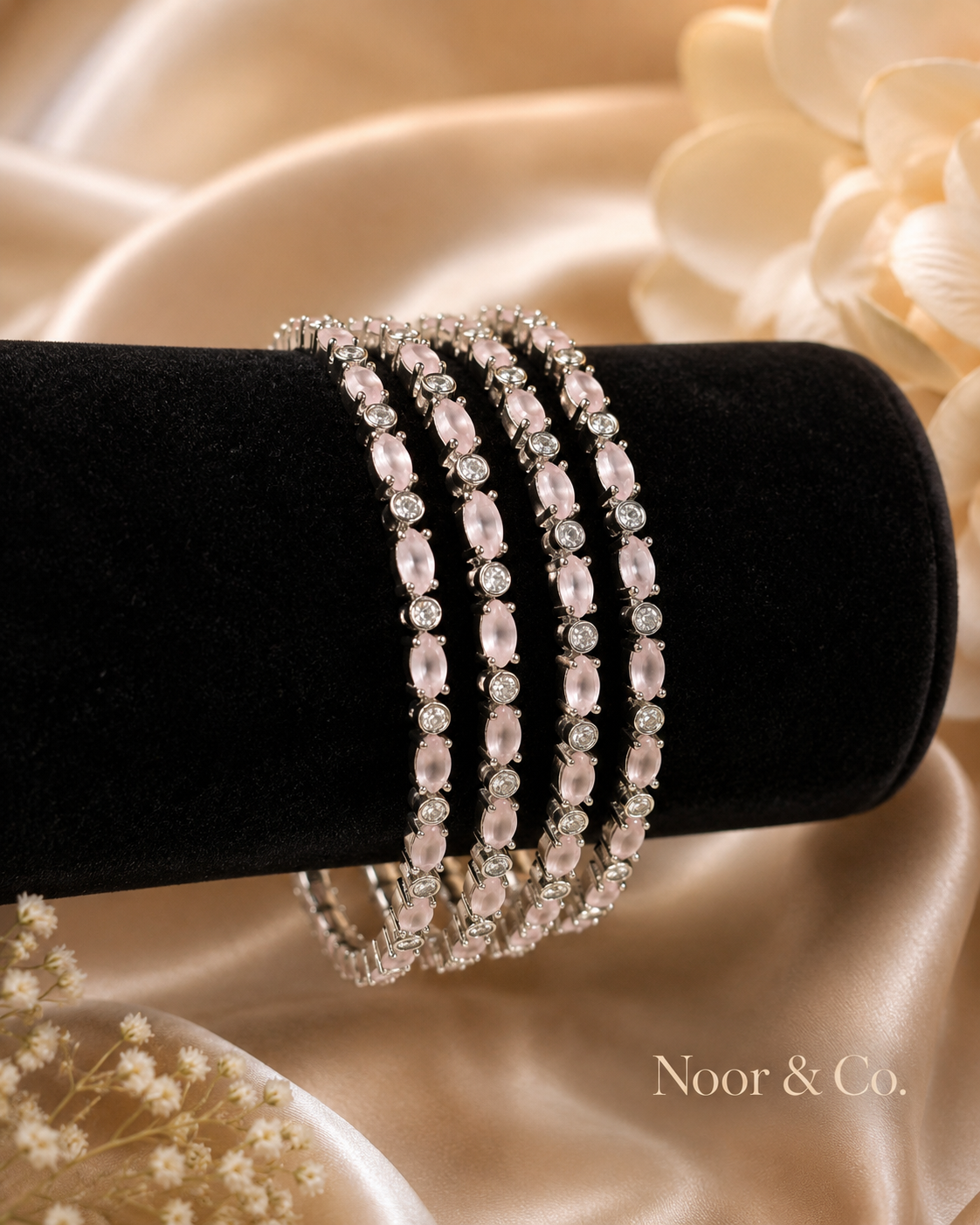 Silver Pink Crystal Bangle Set | 4-Piece Stackable CZ Bangles 2.10
