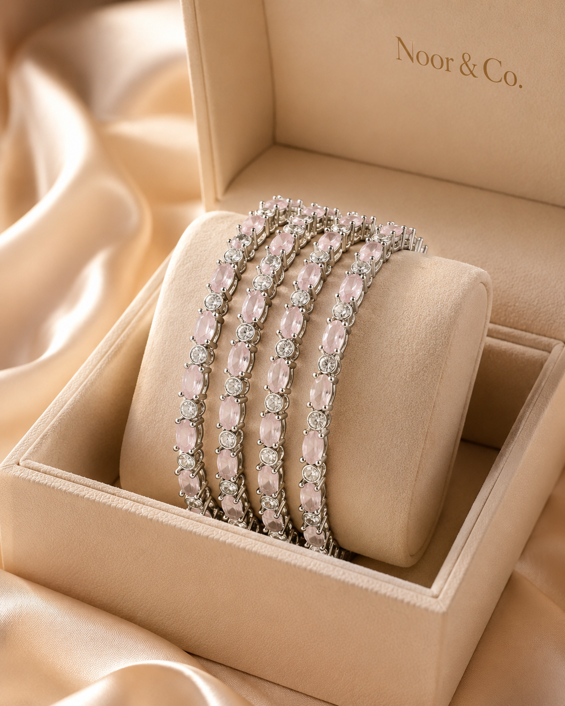 Silver Pink Crystal Bangle Set | 4-Piece Stackable CZ Bangles 2.8