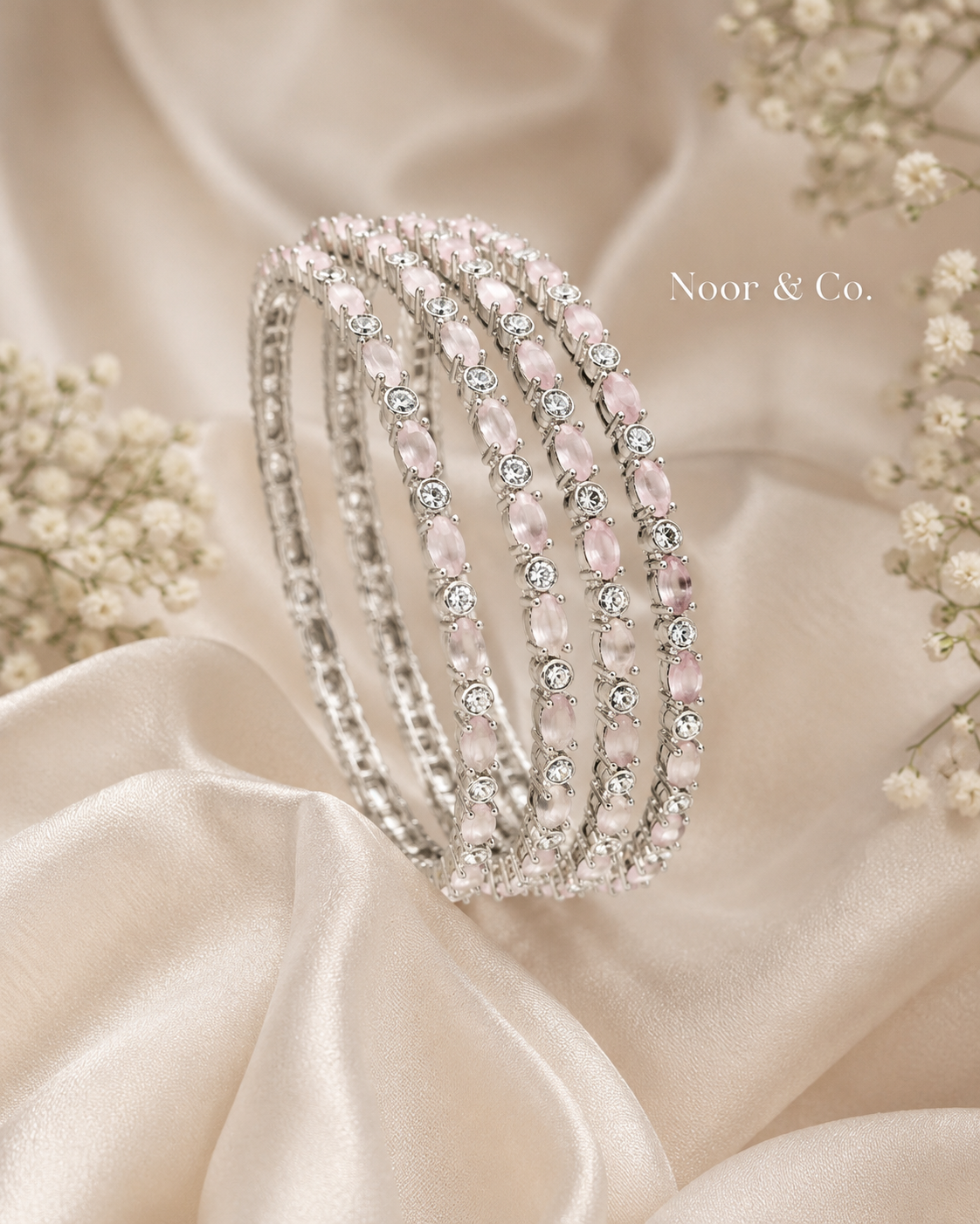 Silver Pink Crystal Bangle Set | 4-Piece Stackable CZ Bangles 2.8