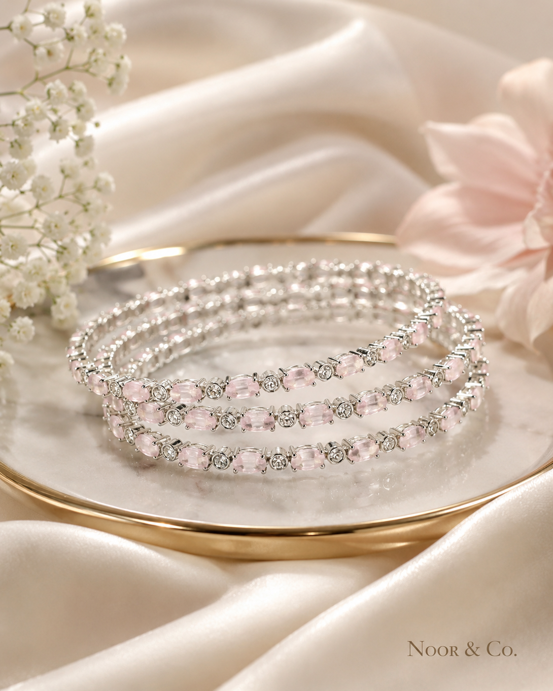 Silver Pink Crystal Bangle Set | 4-Piece Stackable CZ Bangles 2.8