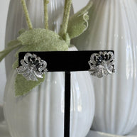 Black CZ Floral Stud Earrings Silver Tone Party Jewelry