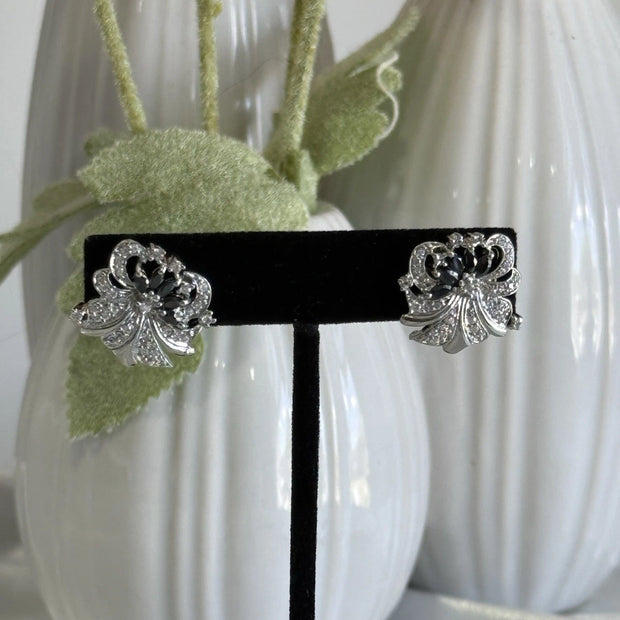 Black CZ Floral Stud Earrings Silver Tone Party Jewelry