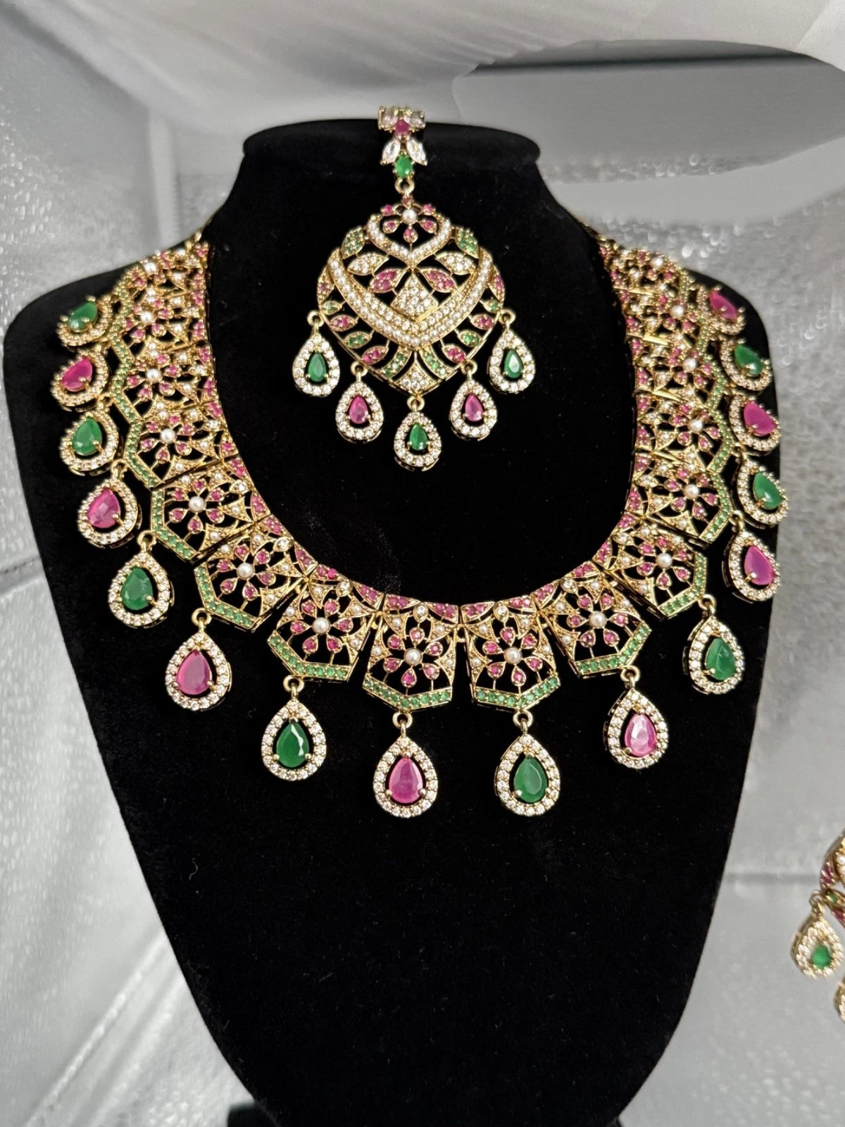 Luxury Indian Bridal Jewelry Set –Pink and Green American Diamond Necklace, Earr