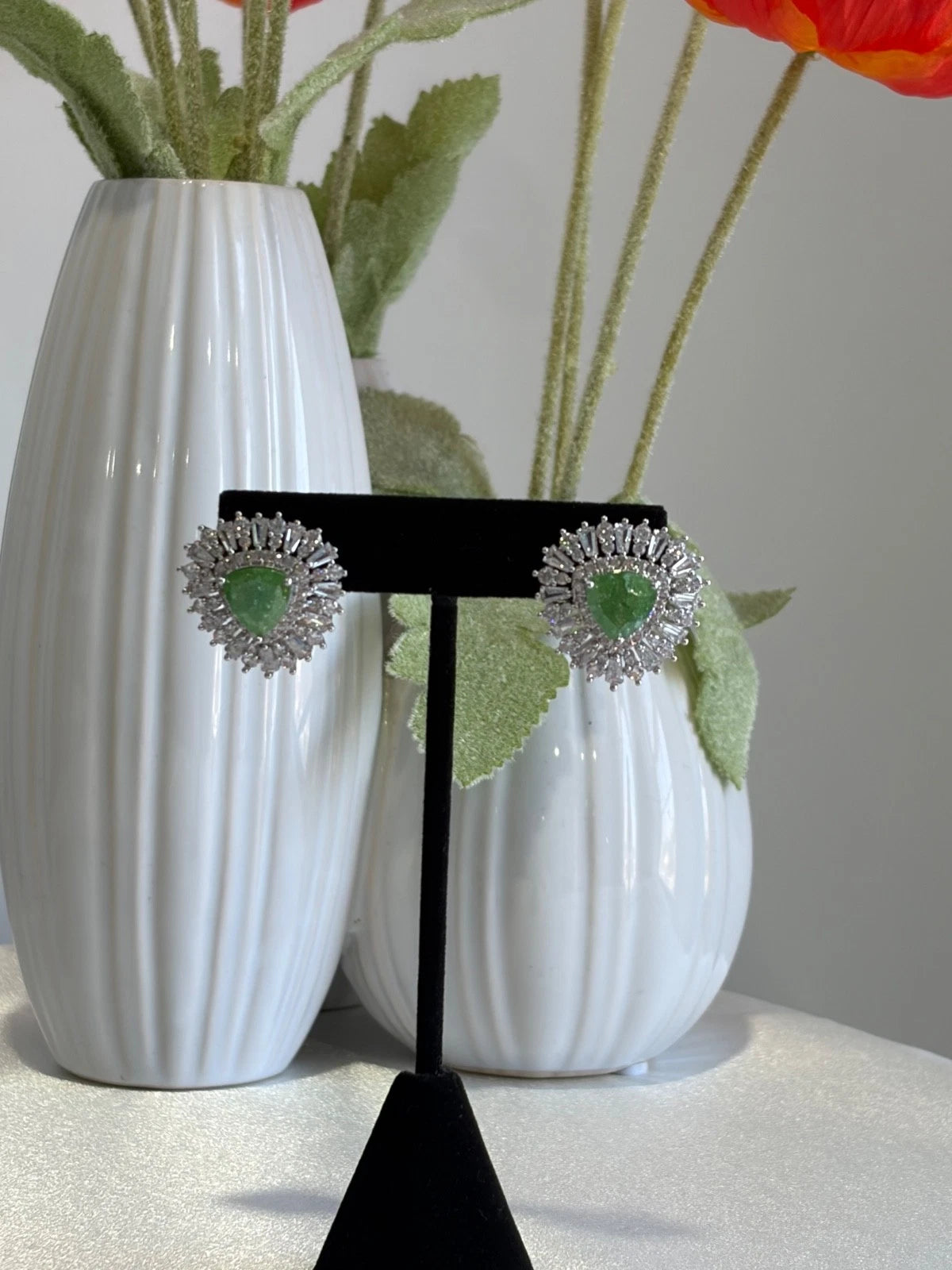 Green Stone Halo Stud Earrings Silver Tone CZ Statement Jewelry