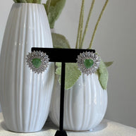 Green Stone Halo Stud Earrings Silver Tone CZ Statement Jewelry