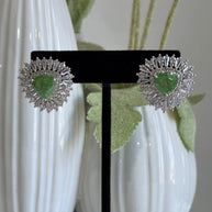 Green Stone Halo Stud Earrings Silver Tone CZ Statement Jewelry