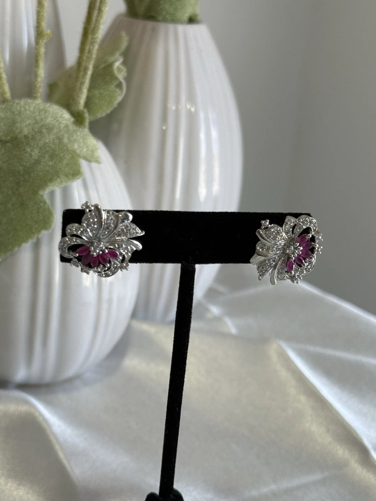 Magenta Pink CZ Floral Stud Earrings Silver Tone Party Jewelry