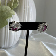 Magenta Pink CZ Floral Stud Earrings Silver Tone Party Jewelry