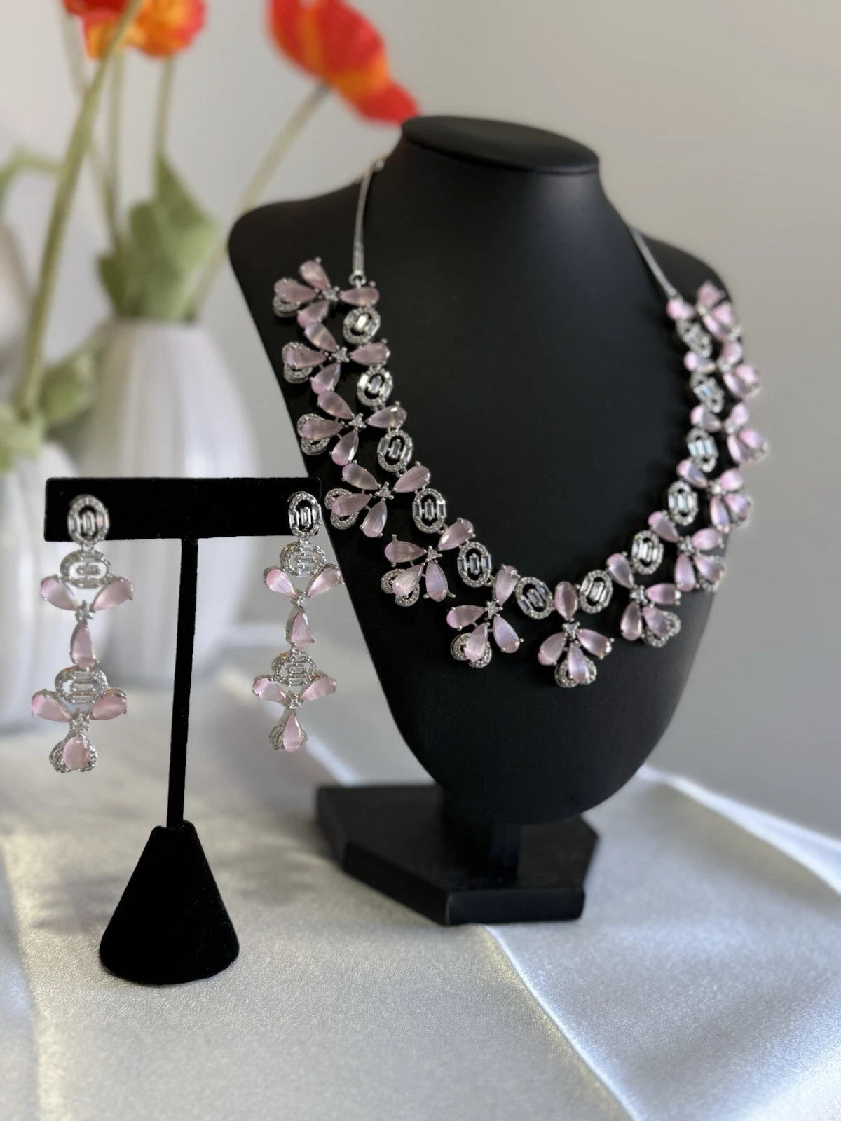 Light Pink CZ Flower Necklace Earrings Set Silver Tone Pakistani Jewelry