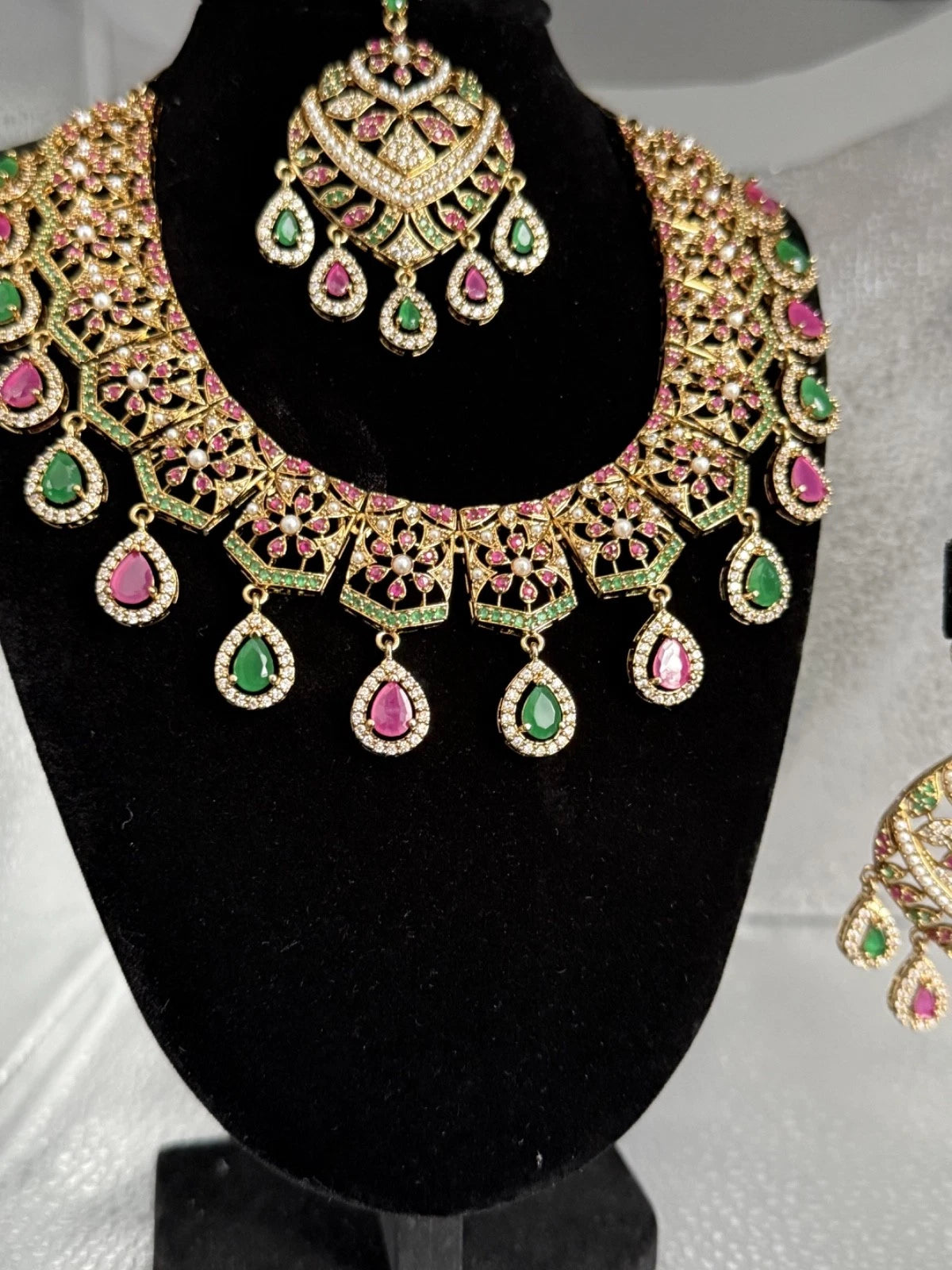 Luxury Indian Bridal Jewelry Set –Pink and Green American Diamond Necklace, Earr