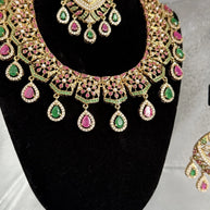 Luxury Indian Bridal Jewelry Set –Pink and Green American Diamond Necklace, Earr