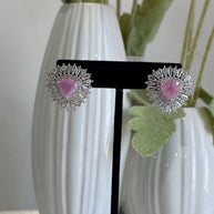 Pink Stone Halo Stud Earrings Silver Tone CZ Statement Jewelry