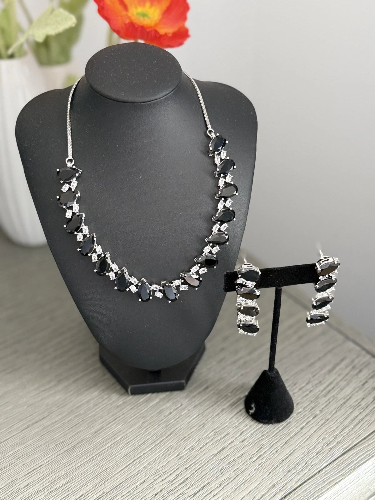 Black Teardrop CZ Jewelry Set | Elegant Necklace Earrings | Bridal Formal Evenin