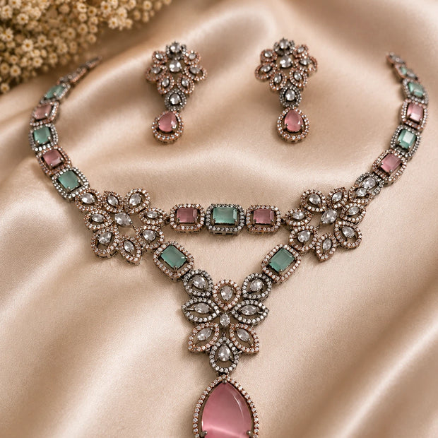 Vintage Inspired Pink- Green Crystal Jewelry Set – Statement Necklace & Earrings
