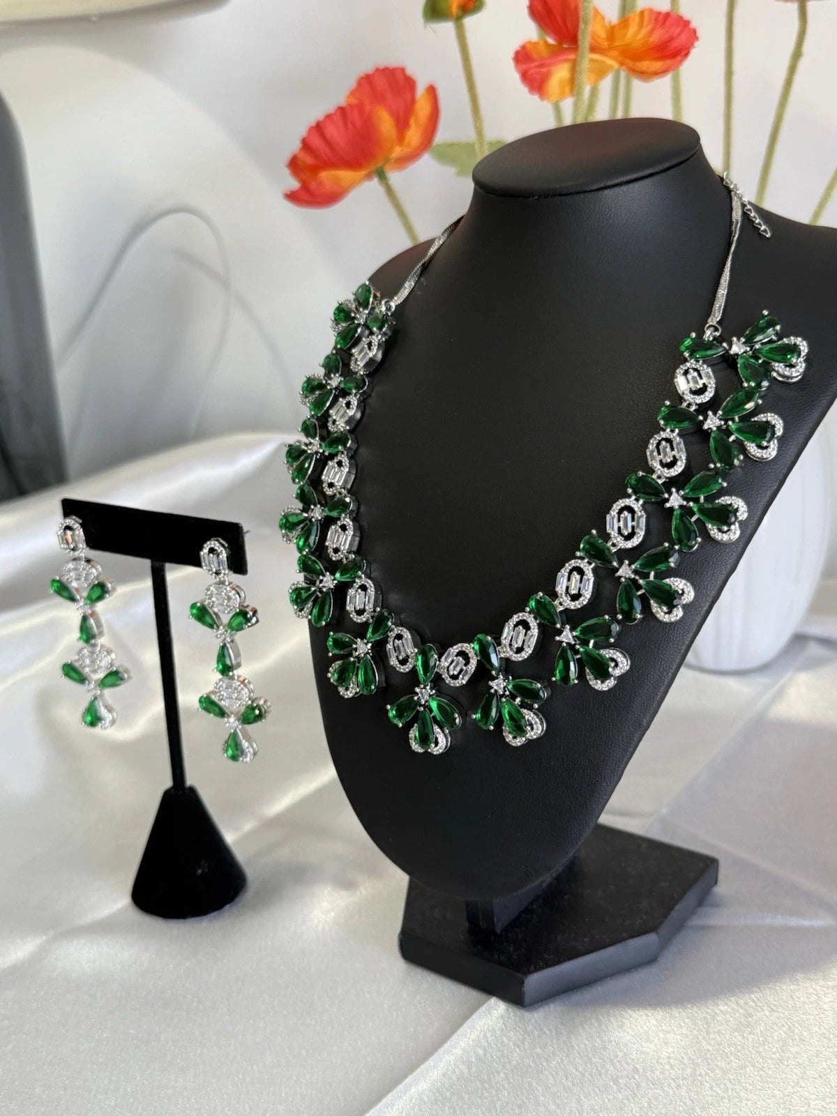 Emerald Green CZ Flower Necklace Earrings Set Silver Tone Pakistani Jewelry