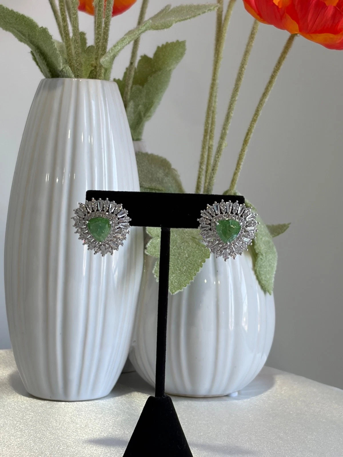 Green Stone Halo Stud Earrings Silver Tone CZ Statement Jewelry