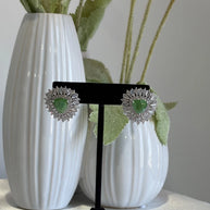 Green Stone Halo Stud Earrings Silver Tone CZ Statement Jewelry