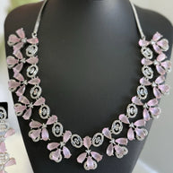 Light Pink CZ Flower Necklace Earrings Set Silver Tone Pakistani Jewelry
