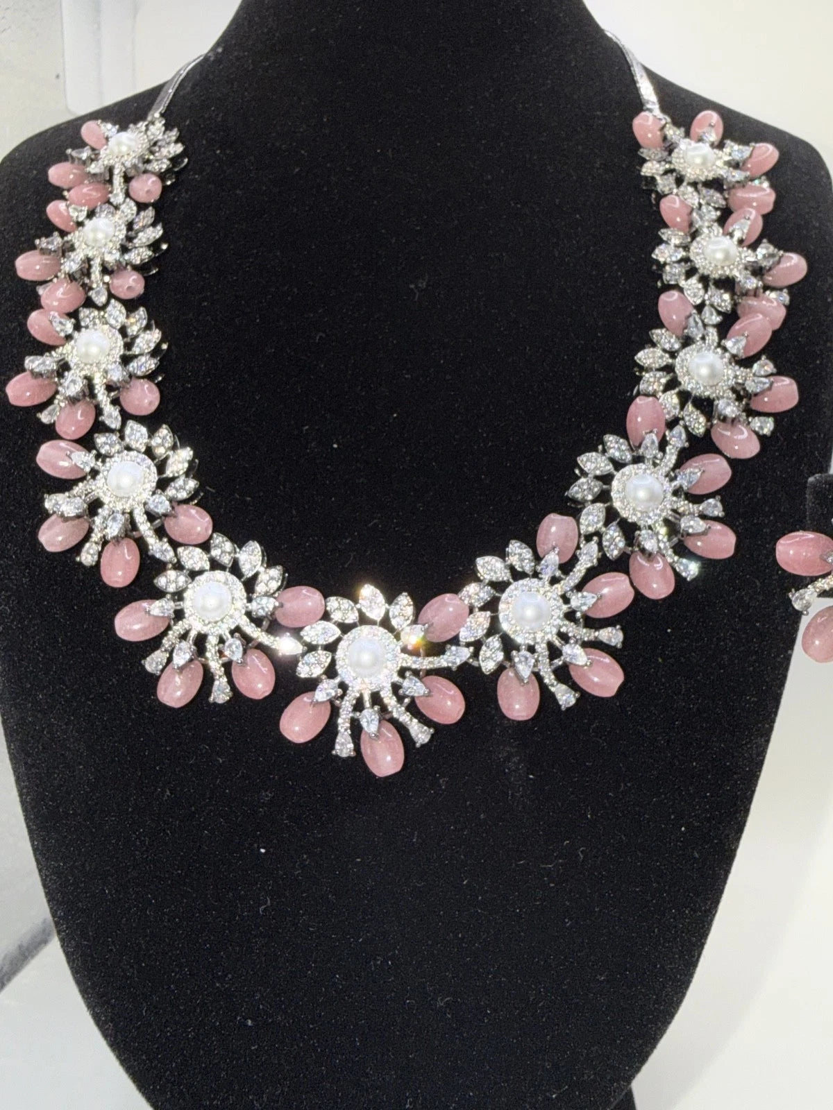 Blush Pink Floral Necklace Set with Matching Earrings