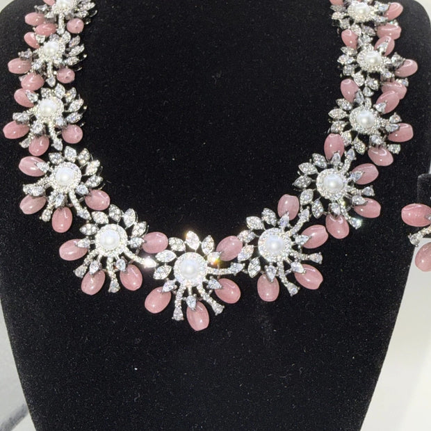 Blush Pink Floral Necklace Set with Matching Earrings