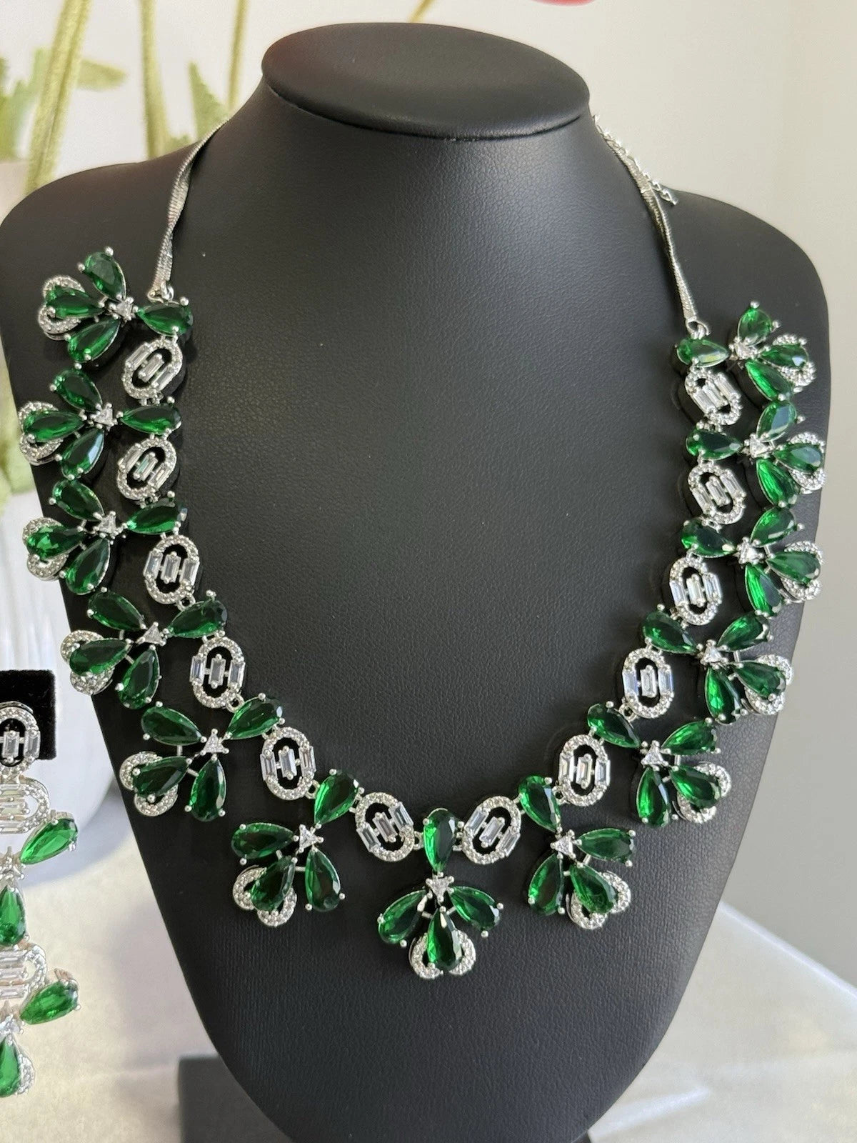 Emerald Green CZ Flower Necklace Earrings Set Silver Tone Pakistani Jewelry