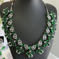 Emerald Green CZ Flower Necklace Earrings Set Silver Tone Pakistani Jewelry