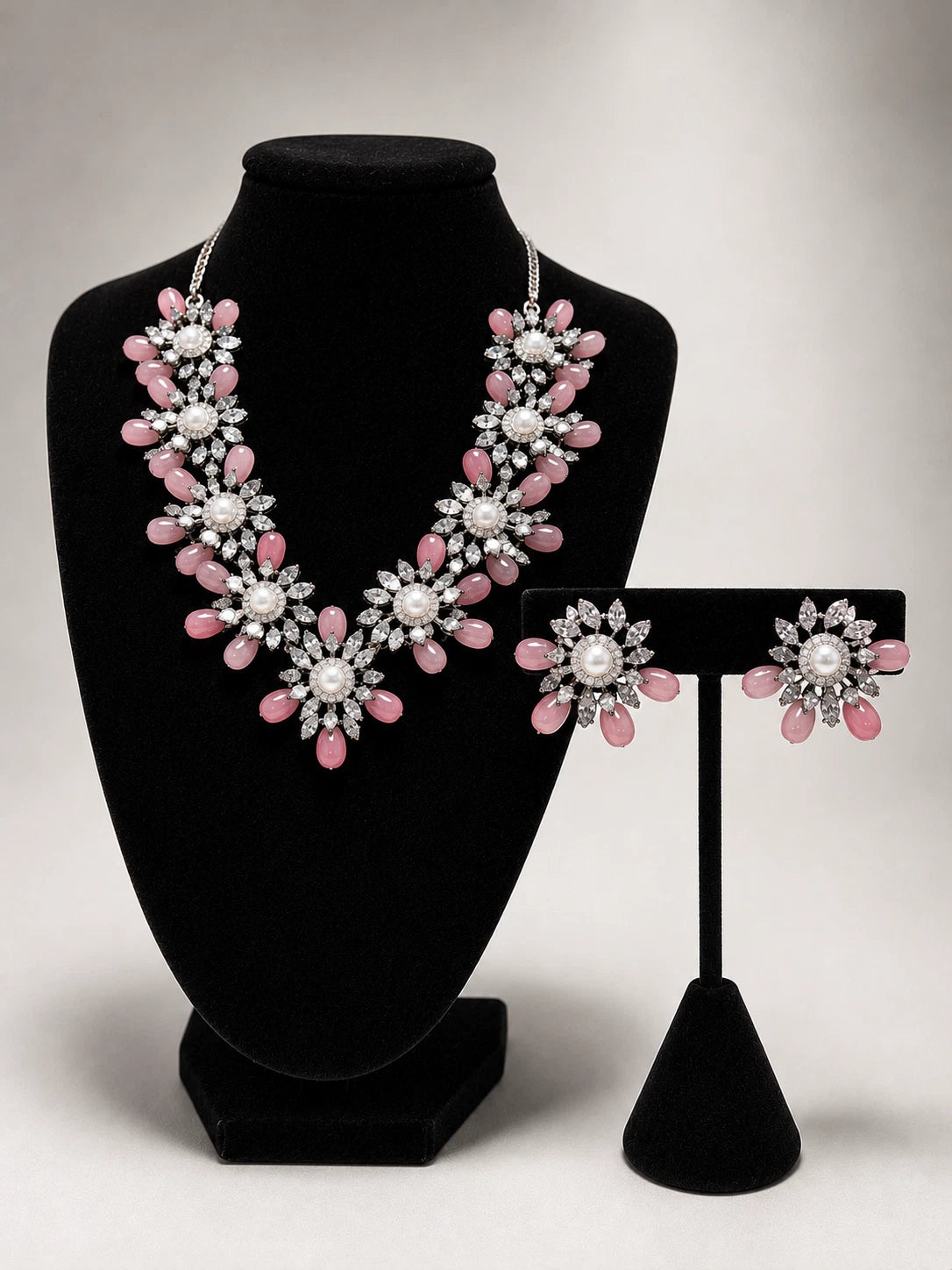 Blush Pink Floral Necklace Set with Matching Earrings