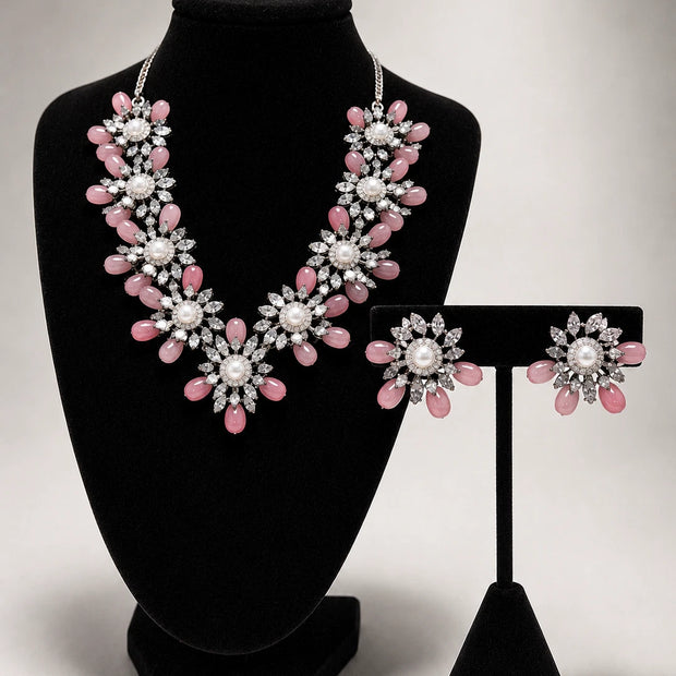 Blush Pink Floral Necklace Set with Matching Earrings