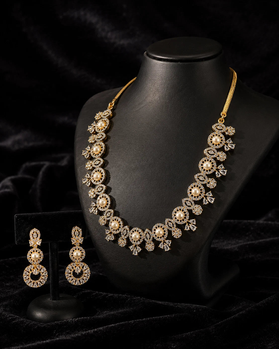 Pearl CZ Gold Tone Necklace Earrings Set Indian Pakistani Bridal Jewelry