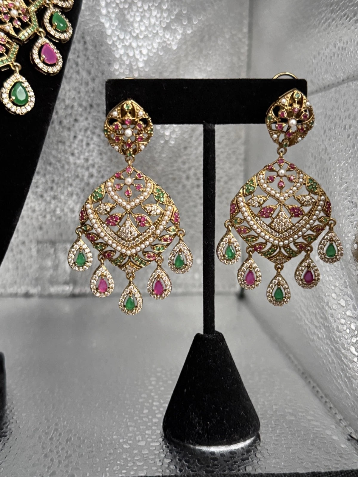 Luxury Indian Bridal Jewelry Set –Pink and Green American Diamond Necklace, Earr