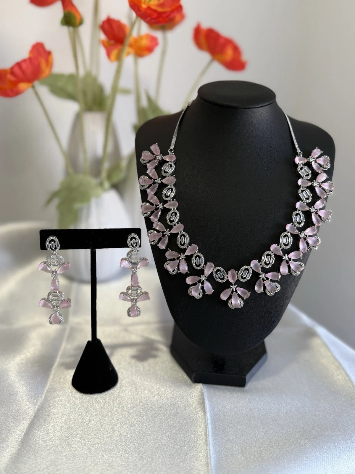 Light Pink CZ Flower Necklace Earrings Set Silver Tone Pakistani Jewelry
