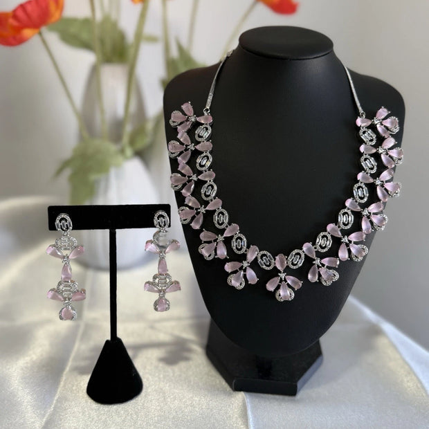 Light Pink CZ Flower Necklace Earrings Set Silver Tone Pakistani Jewelry
