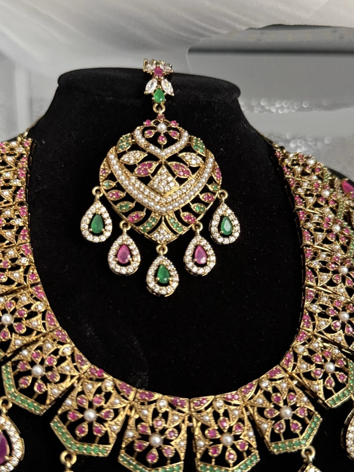 Luxury Indian Bridal Jewelry Set –Pink and Green American Diamond Necklace, Earr
