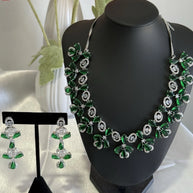 Emerald Green CZ Flower Necklace Earrings Set Silver Tone Pakistani Jewelry