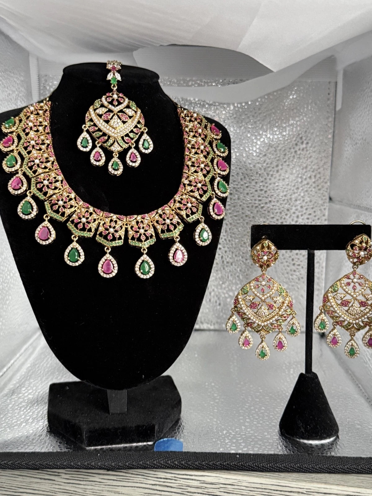 Luxury Indian Bridal Jewelry Set –Pink and Green American Diamond Necklace, Earr