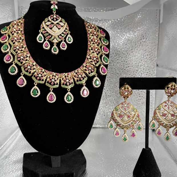 Luxury Indian Bridal Jewelry Set –Pink and Green American Diamond Necklace, Earr