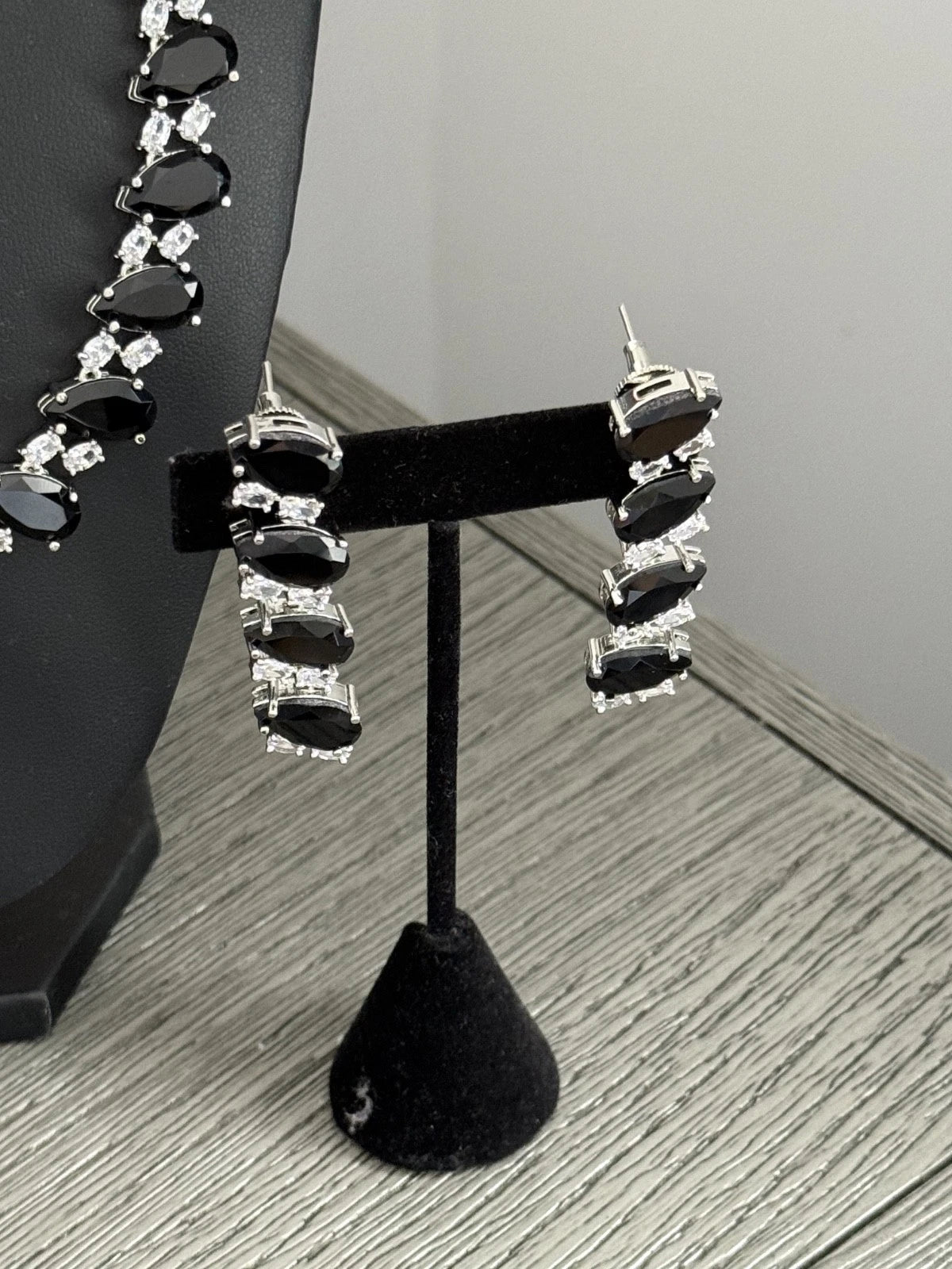 Black Teardrop CZ Jewelry Set | Elegant Necklace Earrings | Bridal Formal Evenin