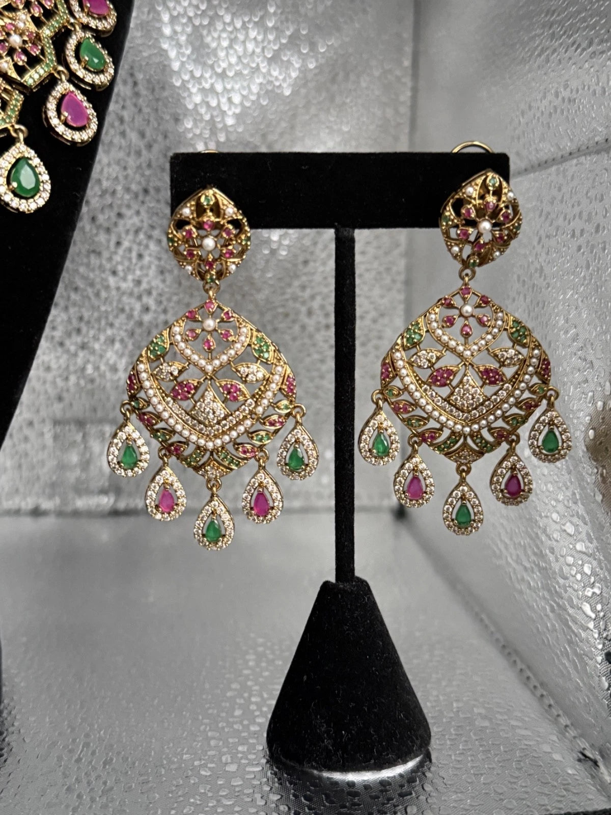 Luxury Indian Bridal Jewelry Set –Pink and Green American Diamond Necklace, Earr