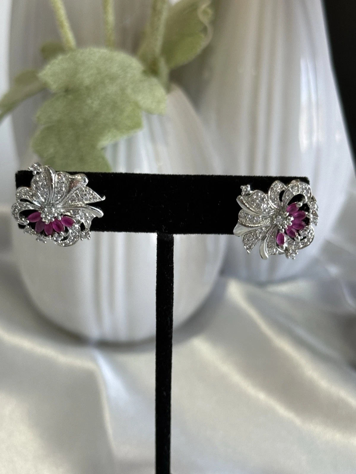 Magenta Pink CZ Floral Stud Earrings Silver Tone Party Jewelry