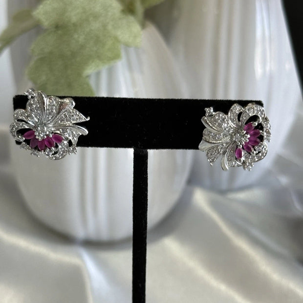 Magenta Pink CZ Floral Stud Earrings Silver Tone Party Jewelry