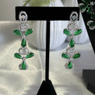 Emerald Green CZ Flower Necklace Earrings Set Silver Tone Pakistani Jewelry