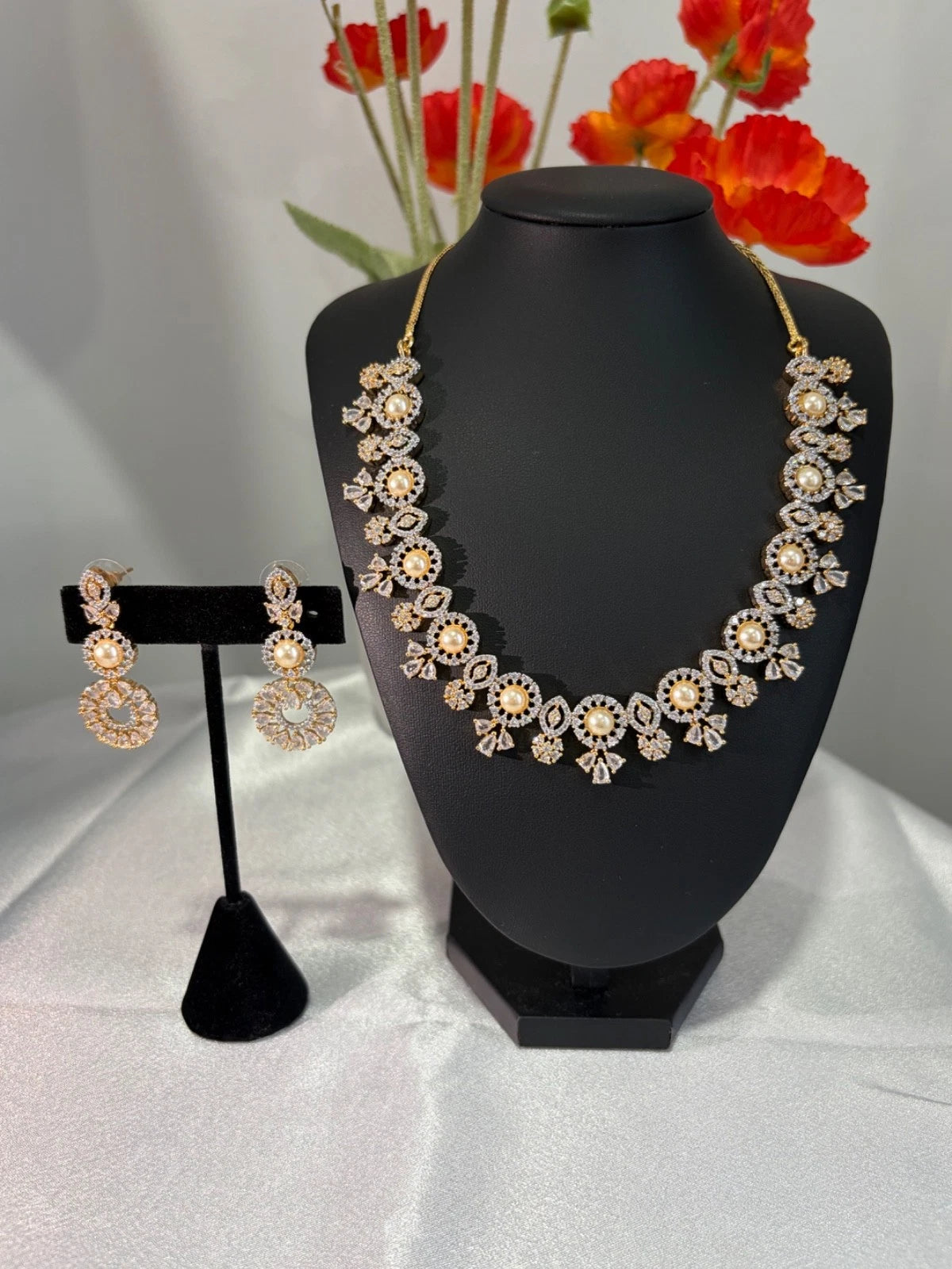 Pearl CZ Gold Tone Necklace Earrings Set Indian Pakistani Bridal Jewelry