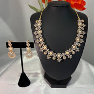 Pearl CZ Gold Tone Necklace Earrings Set Indian Pakistani Bridal Jewelry