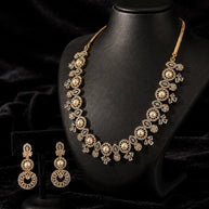 Pearl CZ Gold Tone Necklace Earrings Set Indian Pakistani Bridal Jewelry