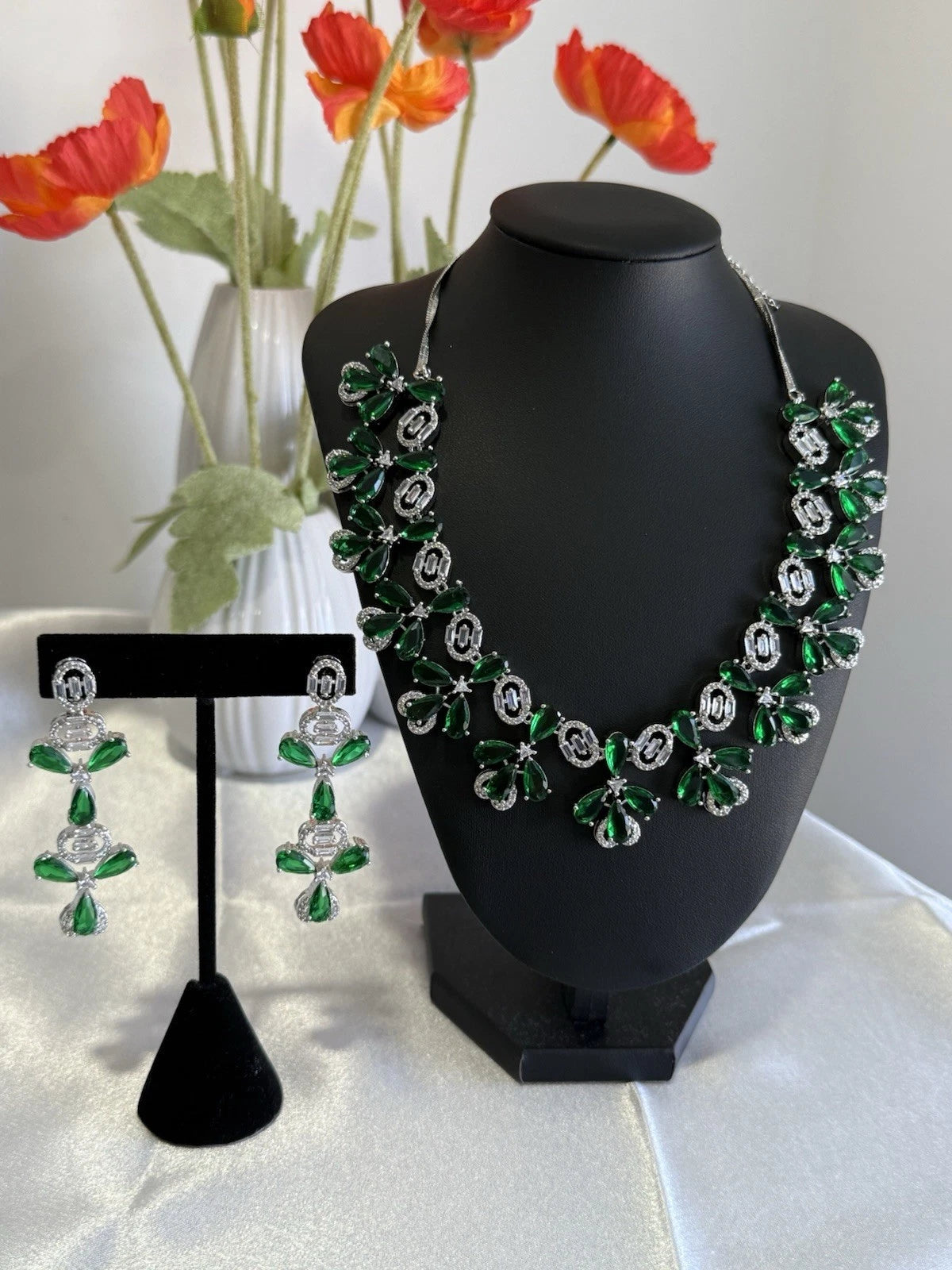 Emerald Green CZ Flower Necklace Earrings Set Silver Tone Pakistani Jewelry