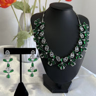 Emerald Green CZ Flower Necklace Earrings Set Silver Tone Pakistani Jewelry