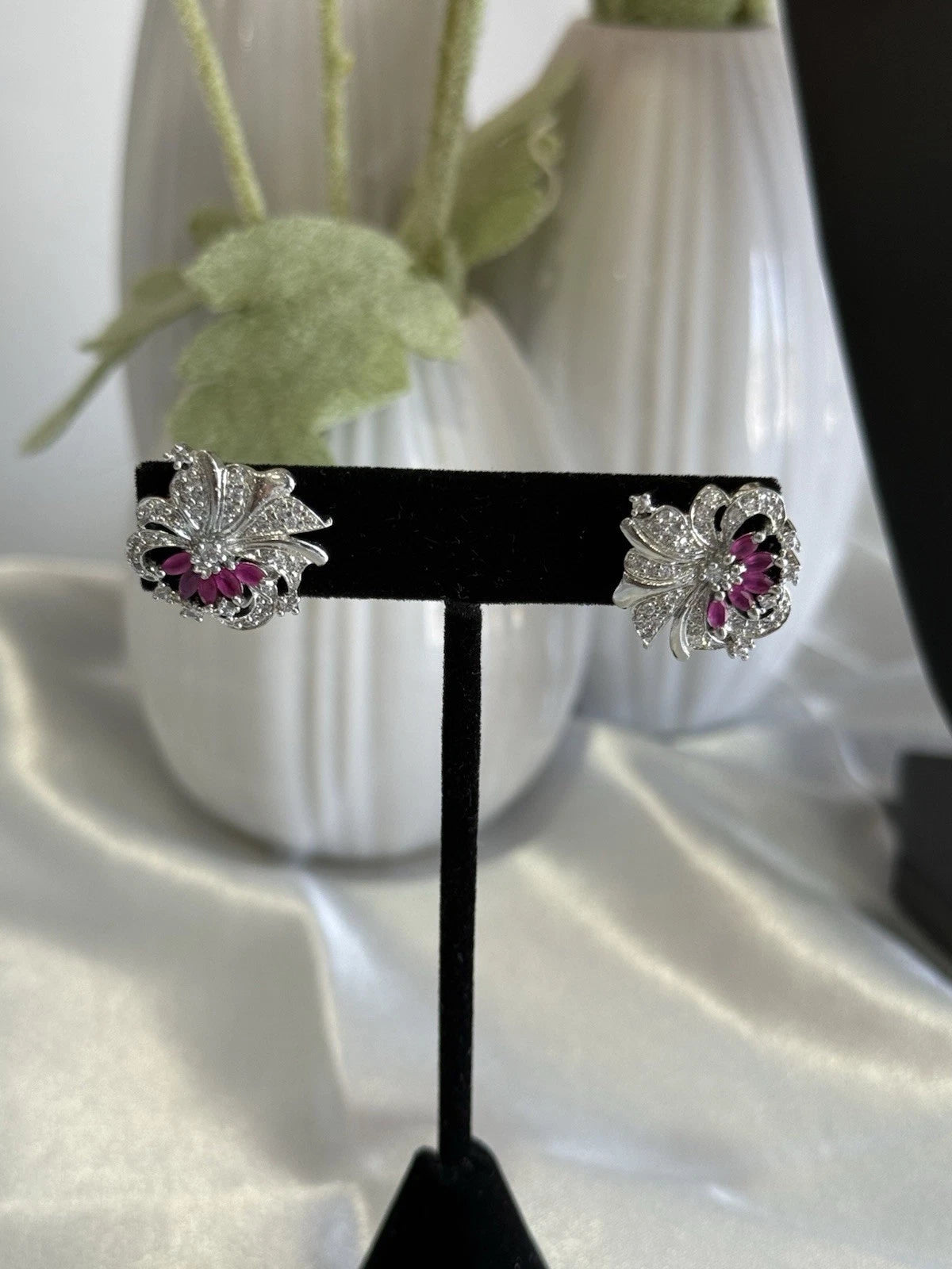 Magenta Pink CZ Floral Stud Earrings Silver Tone Party Jewelry
