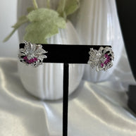 Magenta Pink CZ Floral Stud Earrings Silver Tone Party Jewelry
