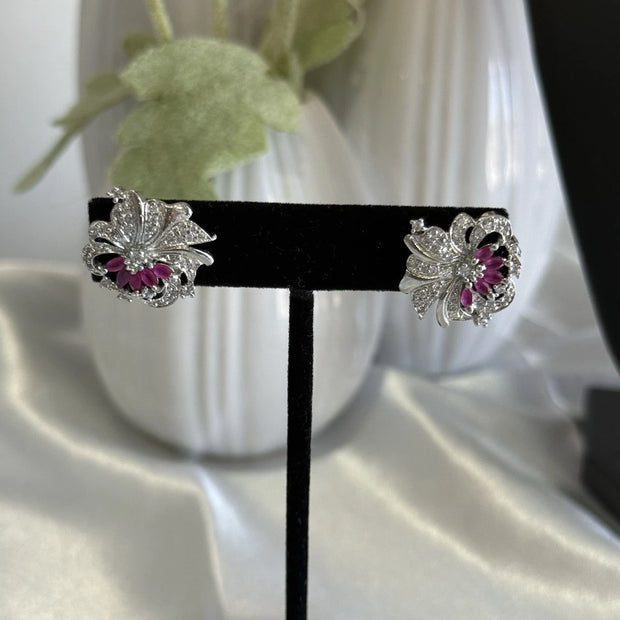 Magenta Pink CZ Floral Stud Earrings Silver Tone Party Jewelry
